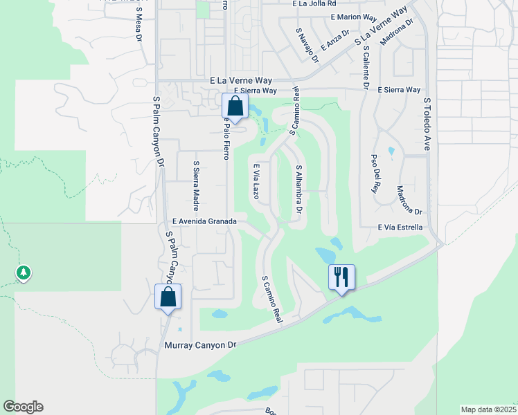 map of restaurants, bars, coffee shops, grocery stores, and more near 2455 East Vía Lazo in Palm Springs