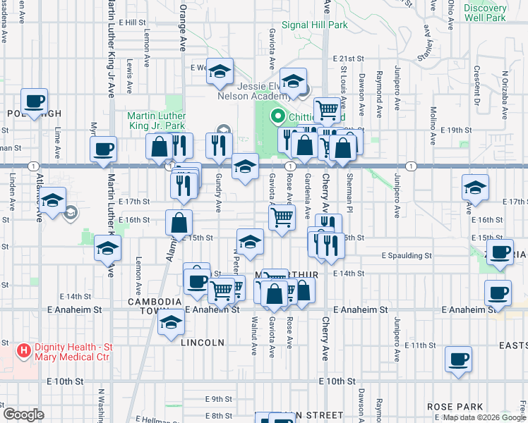 map of restaurants, bars, coffee shops, grocery stores, and more near 1615 East Bailey Way in Long Beach