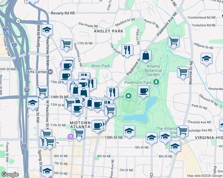 map of restaurants, bars, coffee shops, grocery stores, and more near 272 14th St in Atlanta