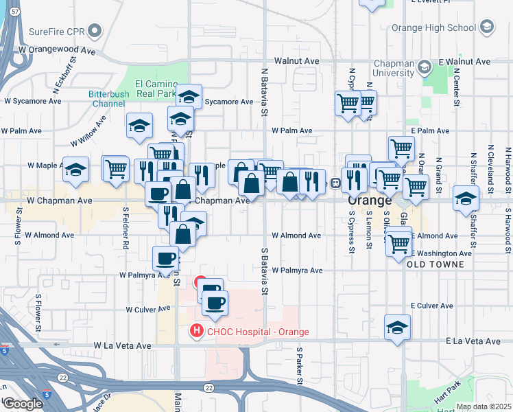 map of restaurants, bars, coffee shops, grocery stores, and more near 922 West Chapman Avenue in Orange
