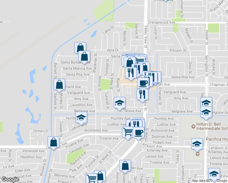 map of restaurants, bars, coffee shops, grocery stores, and more near 12062 Saint Mark Street in Garden Grove