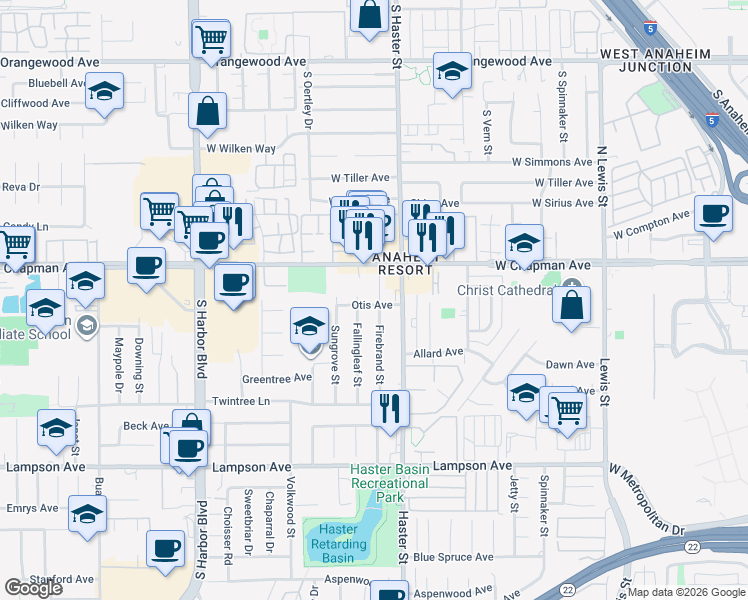 map of restaurants, bars, coffee shops, grocery stores, and more near 12081 Firebrand Street in Garden Grove