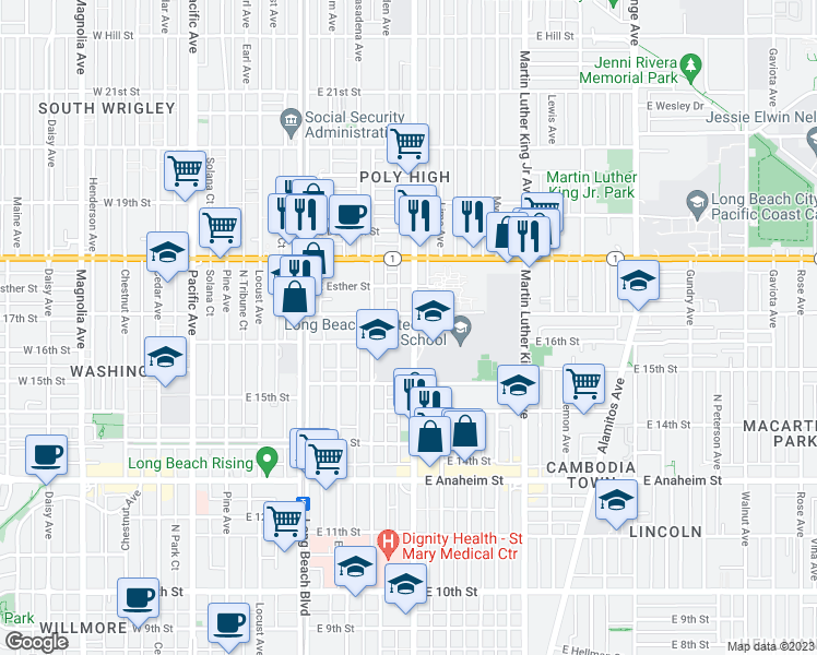 map of restaurants, bars, coffee shops, grocery stores, and more near 1619 Atlantic Avenue in Long Beach