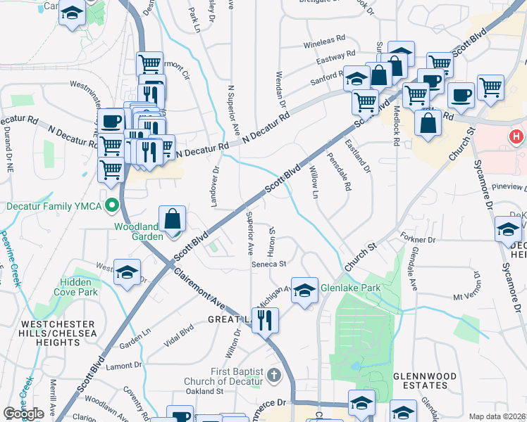 map of restaurants, bars, coffee shops, grocery stores, and more near 1123 Scott Boulevard in Decatur