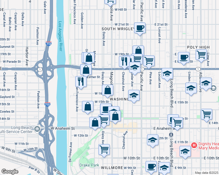 map of restaurants, bars, coffee shops, grocery stores, and more near 500 West 17th Street in Long Beach