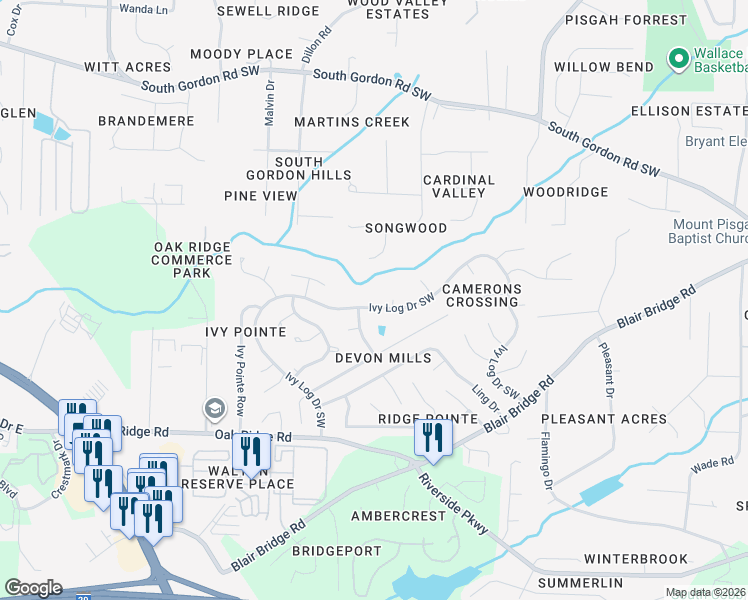 map of restaurants, bars, coffee shops, grocery stores, and more near 6785 Ivy Log Drive Southwest in Austell