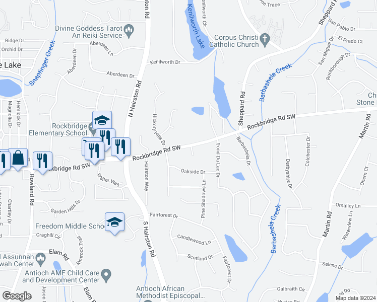 map of restaurants, bars, coffee shops, grocery stores, and more near 4977 Rockbridge Road Southwest in Stone Mountain