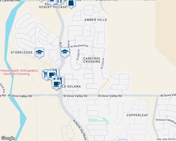 map of restaurants, bars, coffee shops, grocery stores, and more near 2431 West Long Shadow Trail in Phoenix