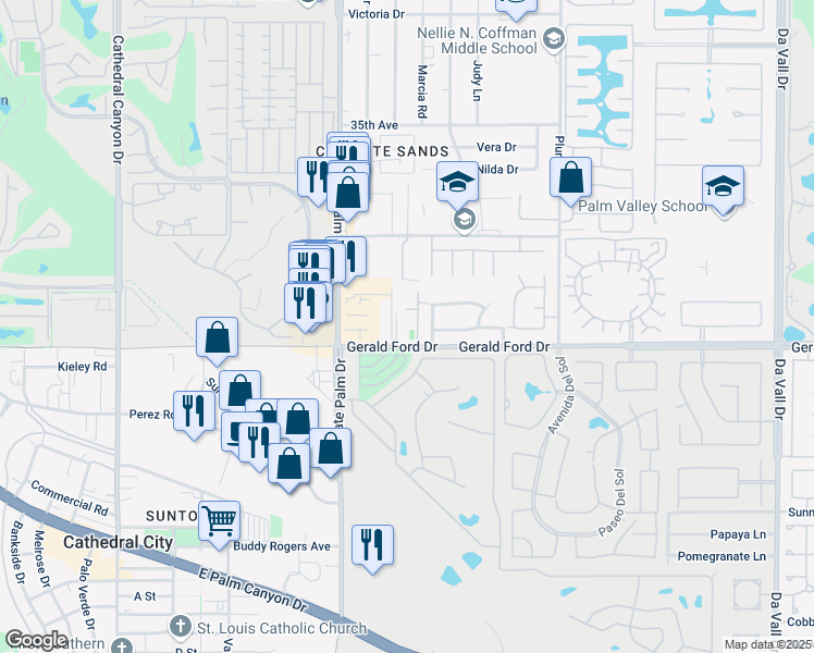 map of restaurants, bars, coffee shops, grocery stores, and more near 69130 Gerald Ford Drive in Cathedral City