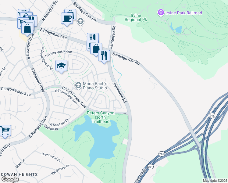 map of restaurants, bars, coffee shops, grocery stores, and more near 145 South Cross Creek Road in Orange