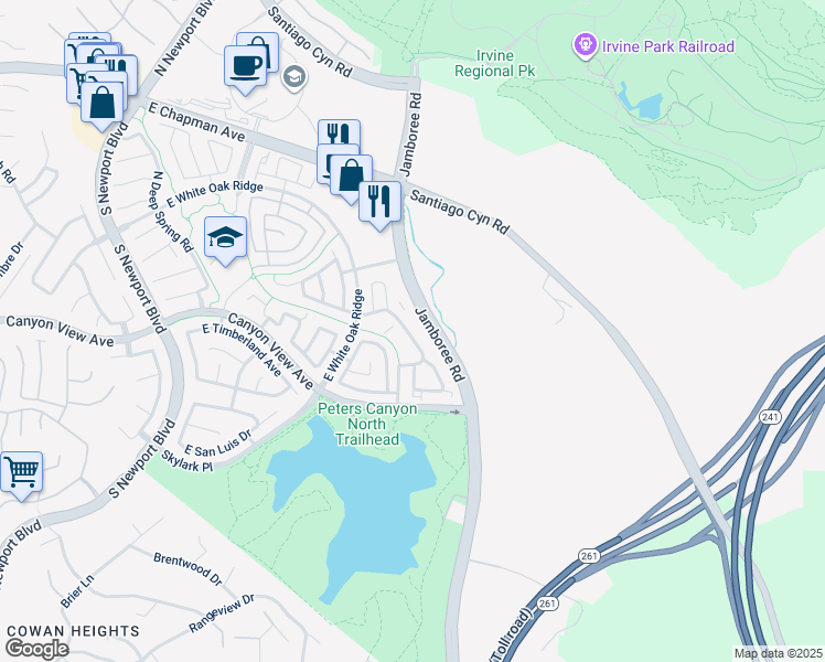 map of restaurants, bars, coffee shops, grocery stores, and more near 145 South Cross Creek Road in Orange