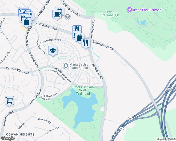 map of restaurants, bars, coffee shops, grocery stores, and more near 8525 East Biscayne Way in Orange