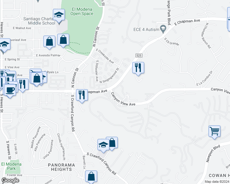 map of restaurants, bars, coffee shops, grocery stores, and more near 5847 East Rocking Horse Way in Orange