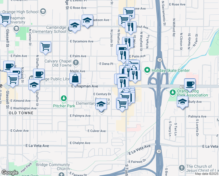 map of restaurants, bars, coffee shops, grocery stores, and more near 1428 East Chapman Avenue in Orange