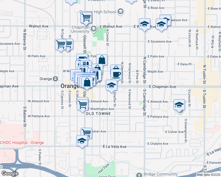 map of restaurants, bars, coffee shops, grocery stores, and more near 134 South Shaffer Street in Orange
