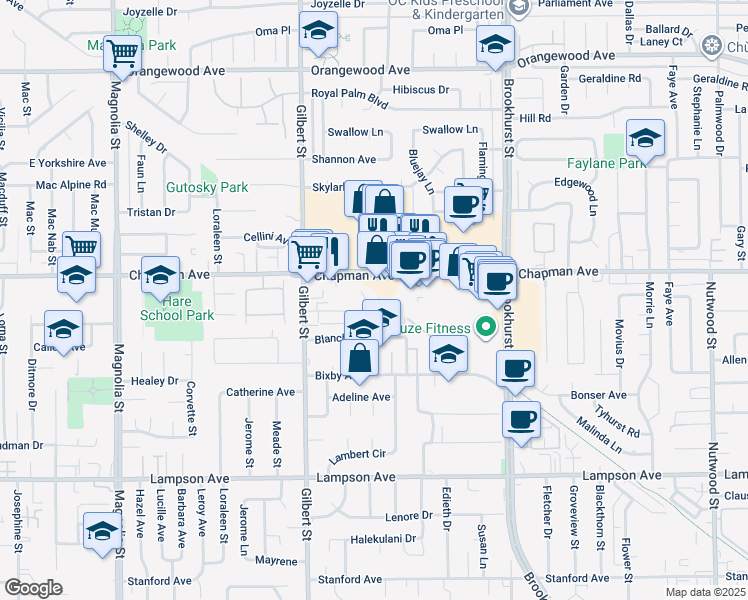 map of restaurants, bars, coffee shops, grocery stores, and more near 12082 Cole Street in Garden Grove