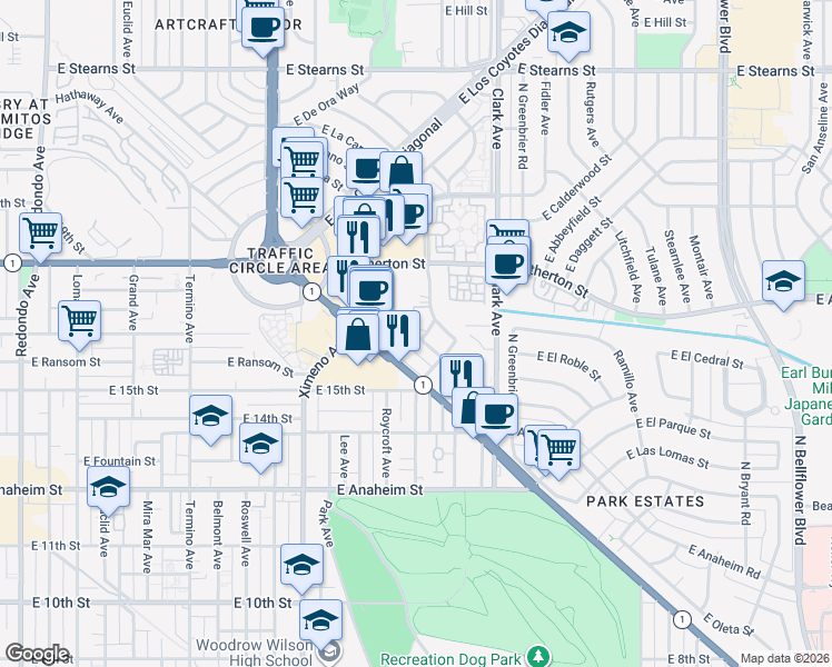 map of restaurants, bars, coffee shops, grocery stores, and more near 1611 Gish Avenue in Long Beach