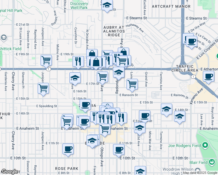 map of restaurants, bars, coffee shops, grocery stores, and more near 3244 East Wilton Street in Long Beach