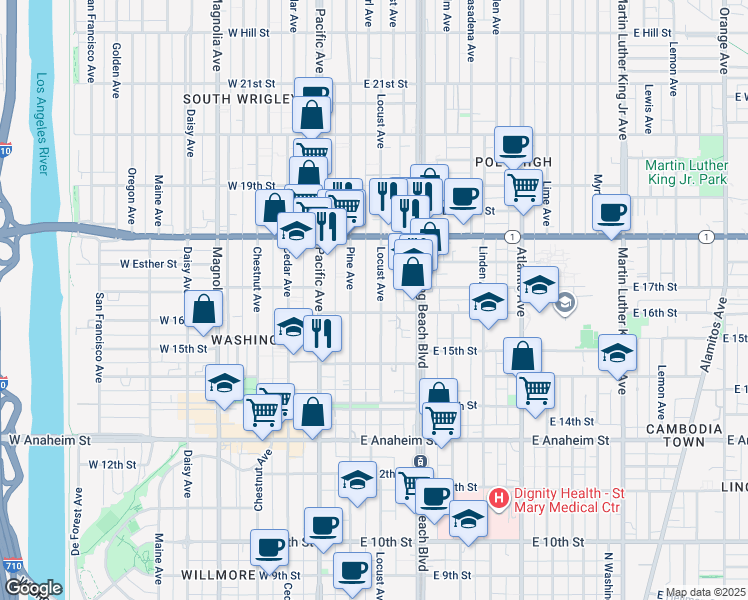 map of restaurants, bars, coffee shops, grocery stores, and more near 1604 Locust Avenue in Long Beach