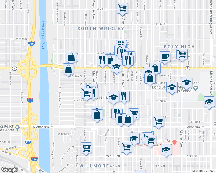 map of restaurants, bars, coffee shops, grocery stores, and more near 1615 Cedar Avenue in Long Beach