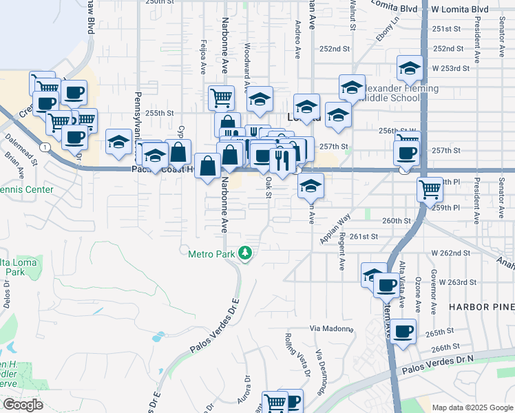 map of restaurants, bars, coffee shops, grocery stores, and more near 25921 Oak Street in Lomita