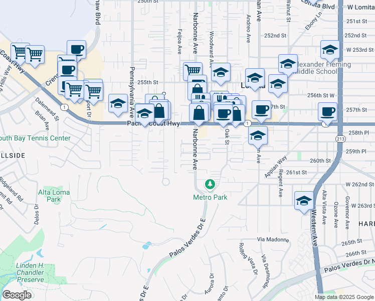 map of restaurants, bars, coffee shops, grocery stores, and more near 25917 Narbonne Avenue in Lomita