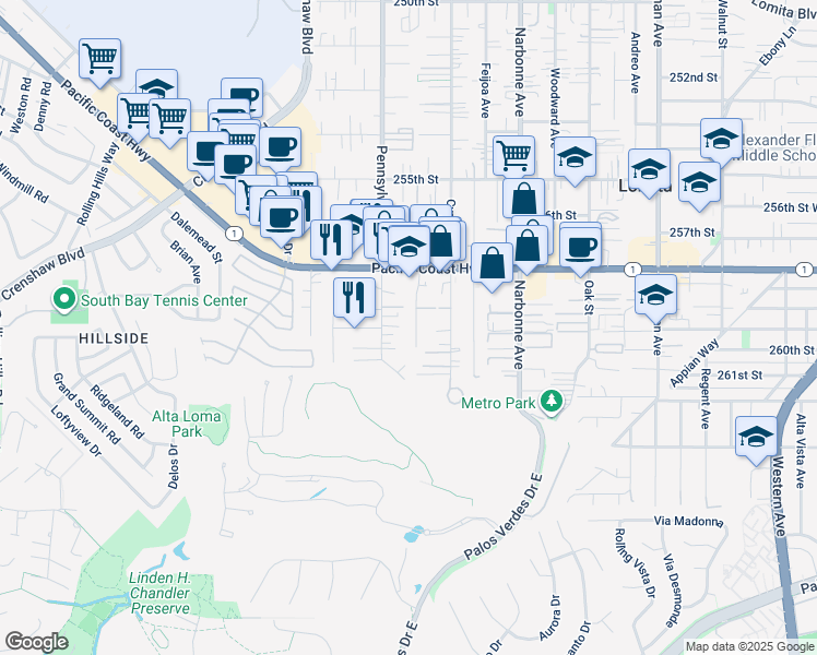 map of restaurants, bars, coffee shops, grocery stores, and more near 25917 Viana Avenue in Lomita