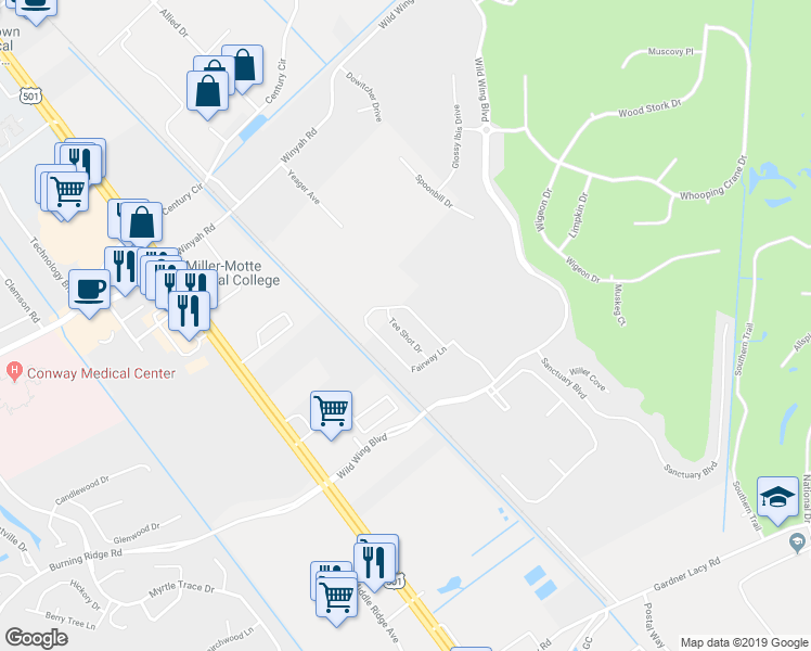 map of restaurants, bars, coffee shops, grocery stores, and more near 1039 Tee Shot Drive in Conway
