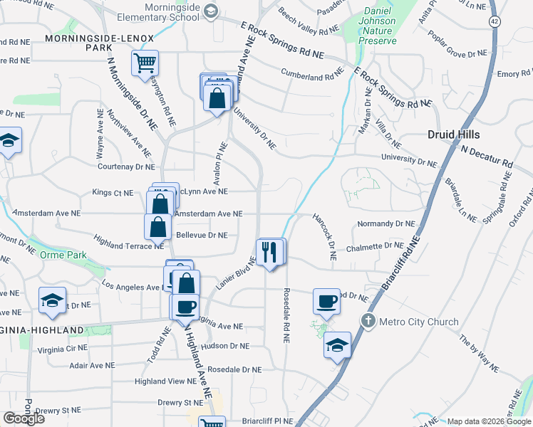 map of restaurants, bars, coffee shops, grocery stores, and more near 1197 Lanier Boulevard Northeast in Atlanta