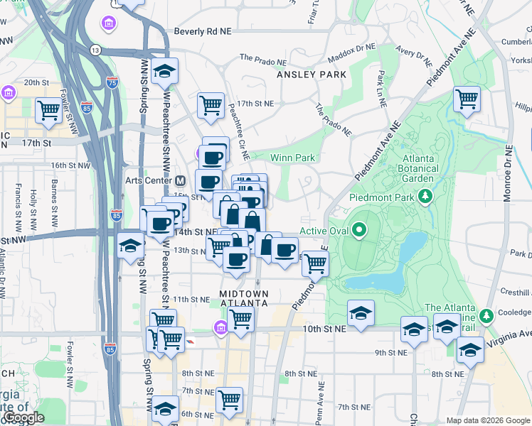 map of restaurants, bars, coffee shops, grocery stores, and more near 1197 Peachtree Street Northeast in Atlanta
