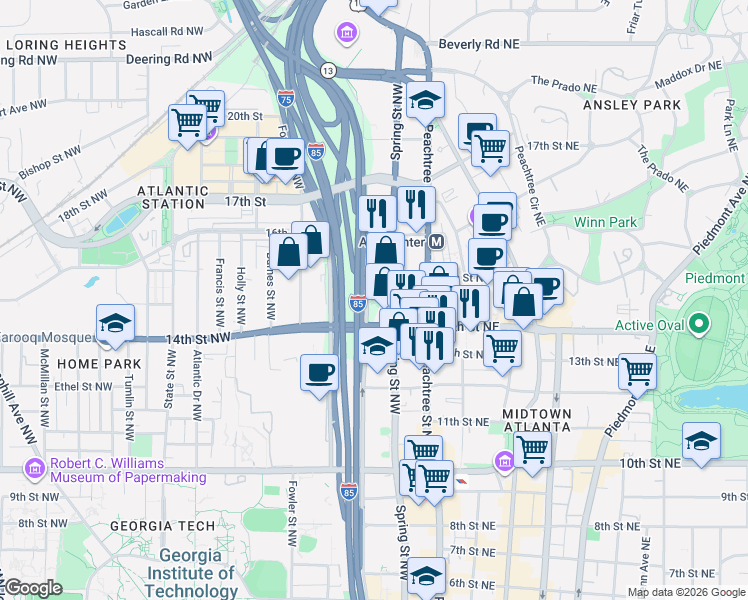 map of restaurants, bars, coffee shops, grocery stores, and more near 1211 Williams Street Northwest in Atlanta