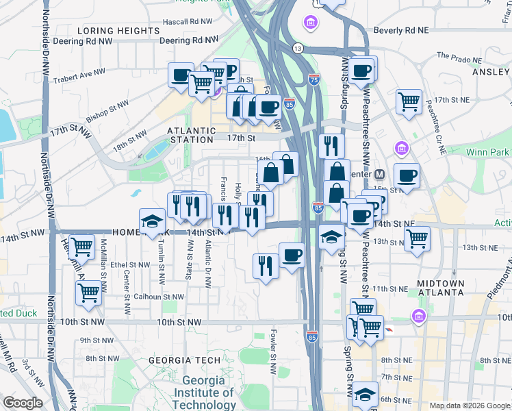 map of restaurants, bars, coffee shops, grocery stores, and more near 1203 Barnes Street Northwest in Atlanta