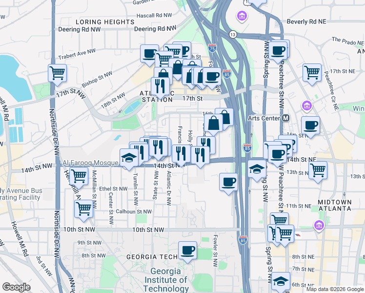 map of restaurants, bars, coffee shops, grocery stores, and more near 1196 Holly Street Northwest in Atlanta