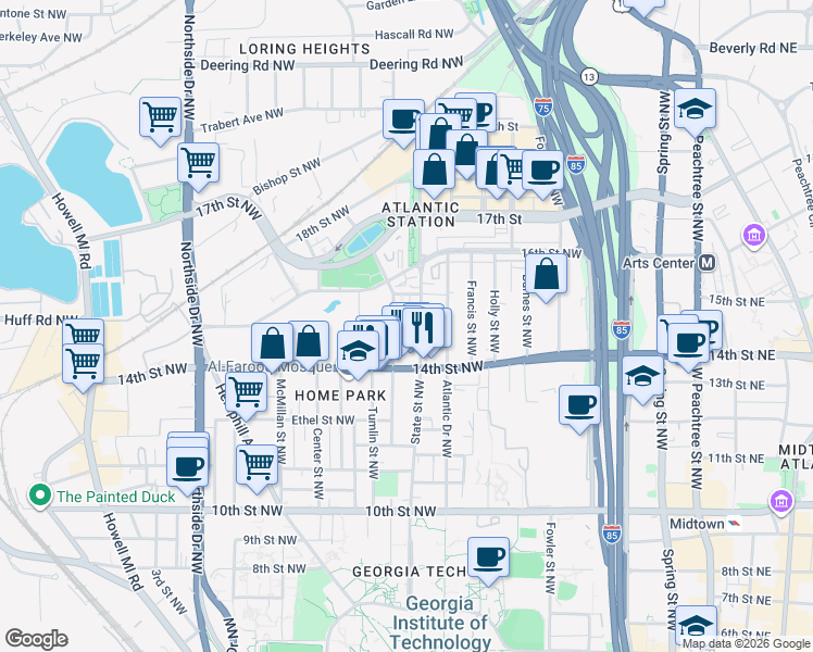 map of restaurants, bars, coffee shops, grocery stores, and more near 1214 State Street Northwest in Atlanta