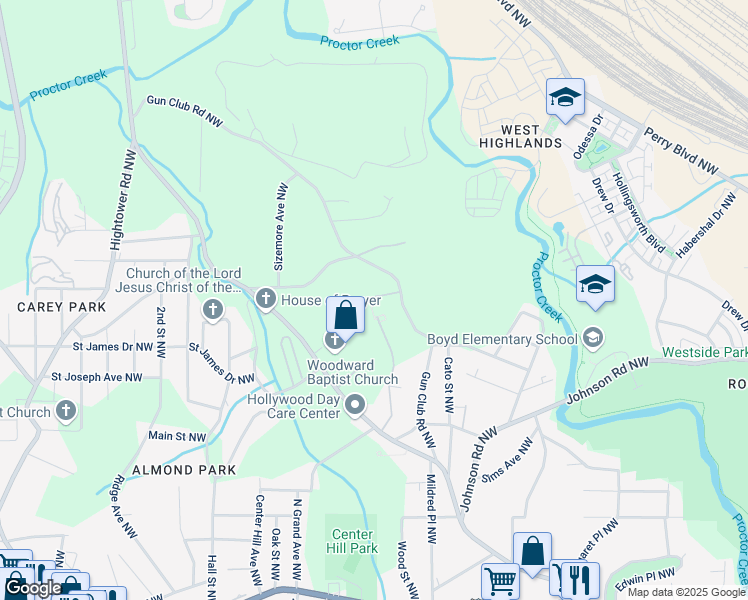 map of restaurants, bars, coffee shops, grocery stores, and more near 1220 Gun Club Road Northwest in Atlanta