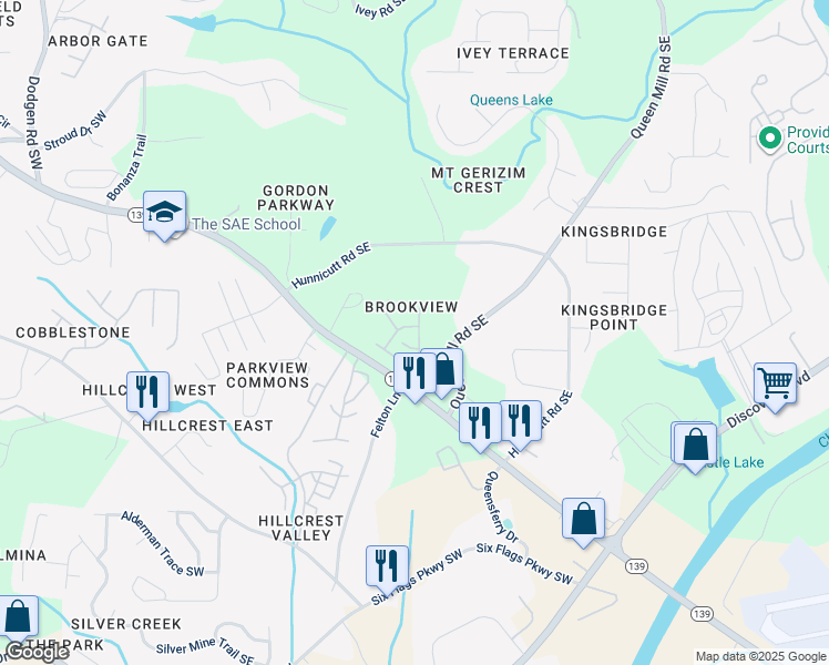 map of restaurants, bars, coffee shops, grocery stores, and more near 6885 Slate Stone Way Southeast in Mableton