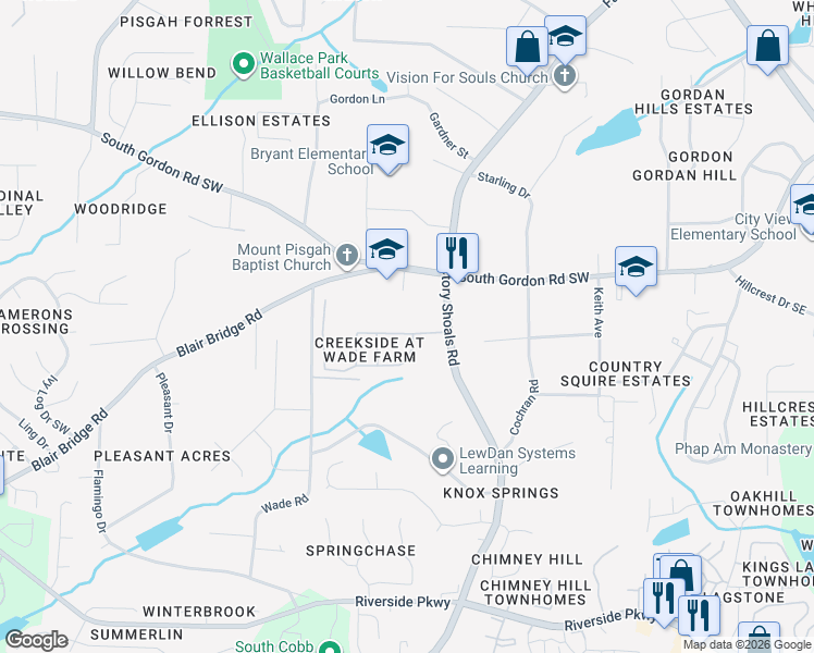 map of restaurants, bars, coffee shops, grocery stores, and more near 760 Wade Farm Drive in Austell