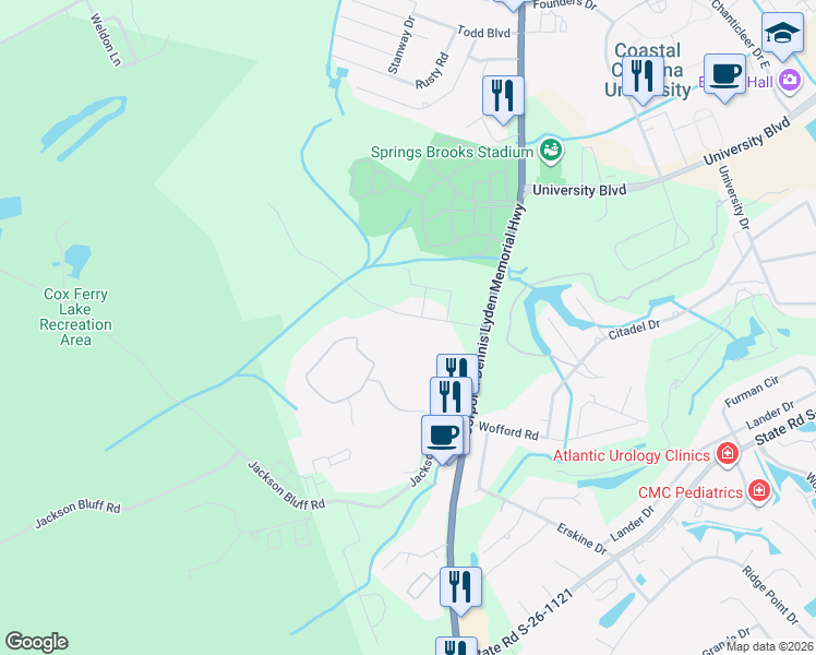 map of restaurants, bars, coffee shops, grocery stores, and more near 925 Buccaneers Cove in Conway