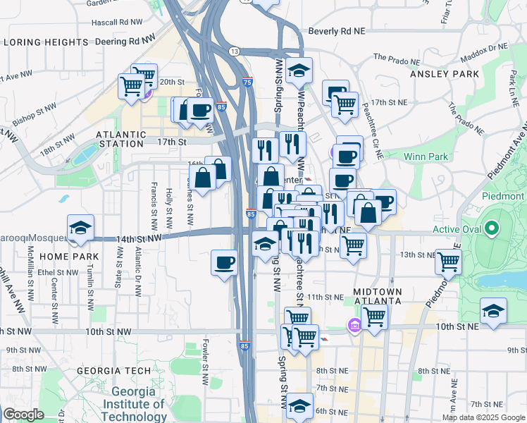 map of restaurants, bars, coffee shops, grocery stores, and more near 1211 Williams Street Northwest in Atlanta