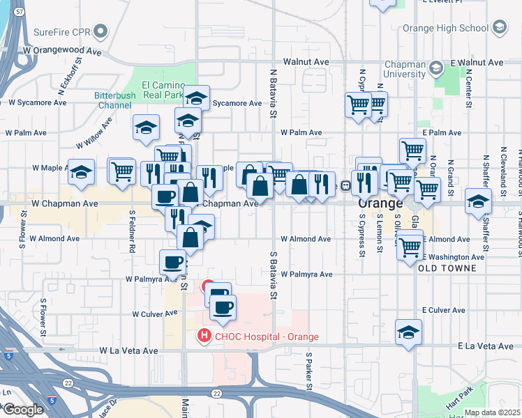 map of restaurants, bars, coffee shops, grocery stores, and more near 922 West Chapman Avenue in Orange
