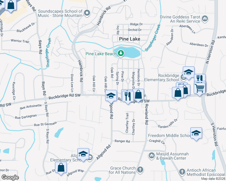 map of restaurants, bars, coffee shops, grocery stores, and more near 4534 Poplar Road in Pine Lake