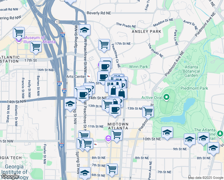 map of restaurants, bars, coffee shops, grocery stores, and more near 1200 Peachtree Street Northeast in Atlanta