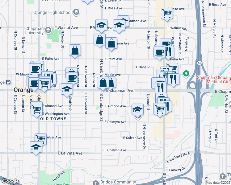 map of restaurants, bars, coffee shops, grocery stores, and more near 1042 East Chapman Avenue in Orange