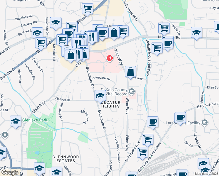 map of restaurants, bars, coffee shops, grocery stores, and more near 394 Woodhaven Drive in Decatur