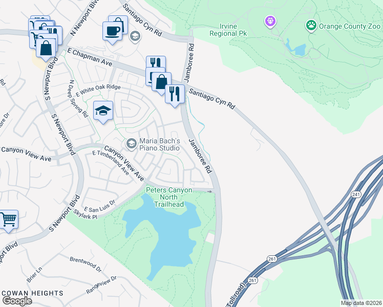 map of restaurants, bars, coffee shops, grocery stores, and more near 181 South Cross Creek Road in Orange