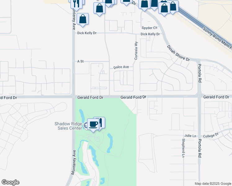 map of restaurants, bars, coffee shops, grocery stores, and more near 73447 Travers Street in Palm Desert