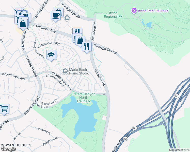 map of restaurants, bars, coffee shops, grocery stores, and more near 145 South Cross Creek Road in Orange