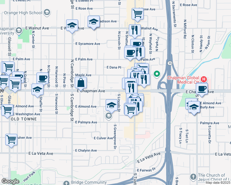 map of restaurants, bars, coffee shops, grocery stores, and more near 1428 East Chapman Avenue in Orange