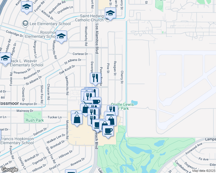 map of restaurants, bars, coffee shops, grocery stores, and more near Pine St & Bradbury Rd in Los Alamitos