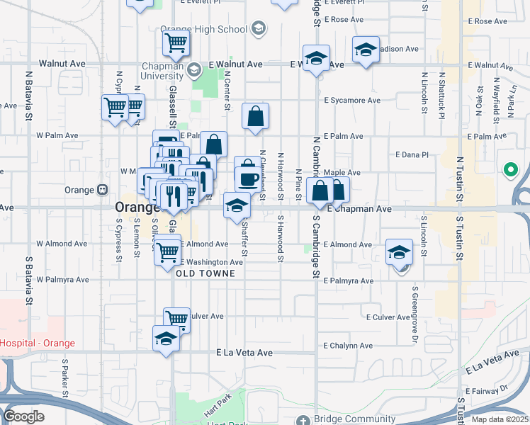 map of restaurants, bars, coffee shops, grocery stores, and more near 600 East Chapman Avenue in Orange